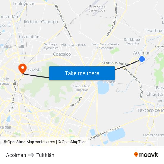 Acolman to Tultitlán map