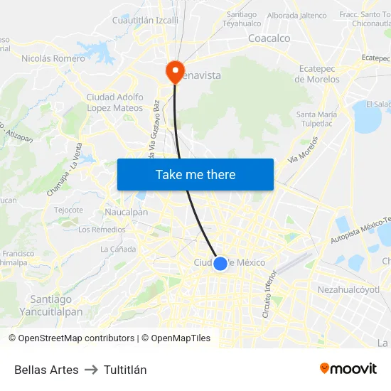 Bellas Artes to Tultitlán map