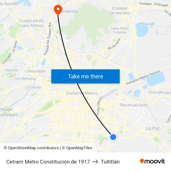 Cetram Metro Constitución de 1917 to Tultitlán map