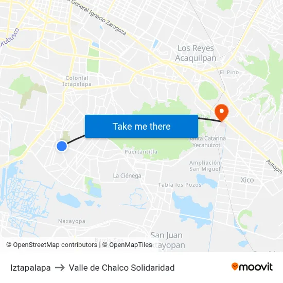 Iztapalapa to Valle de Chalco Solidaridad map