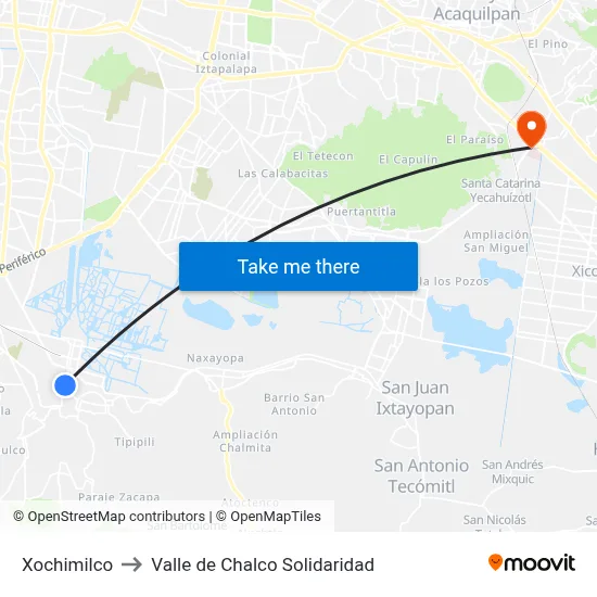 Xochimilco to Valle de Chalco Solidaridad map