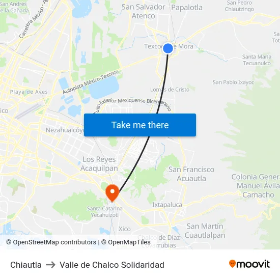 Chiautla to Valle de Chalco Solidaridad map