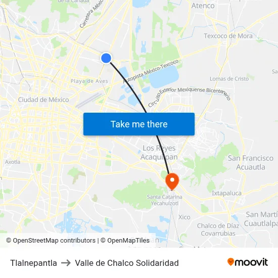 Tlalnepantla to Valle de Chalco Solidaridad map
