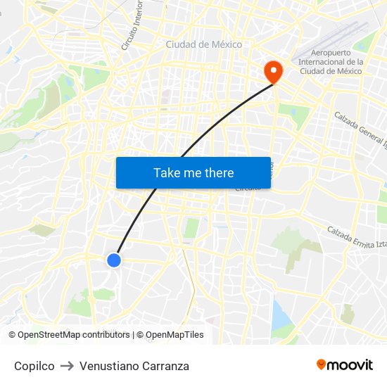 Copilco to Venustiano Carranza map