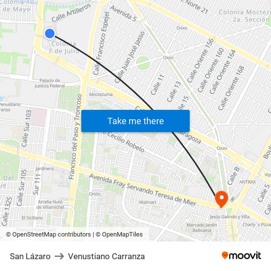 San Lázaro to Venustiano Carranza map