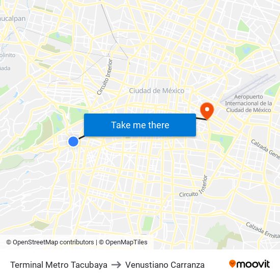 Terminal Metro Tacubaya to Venustiano Carranza map