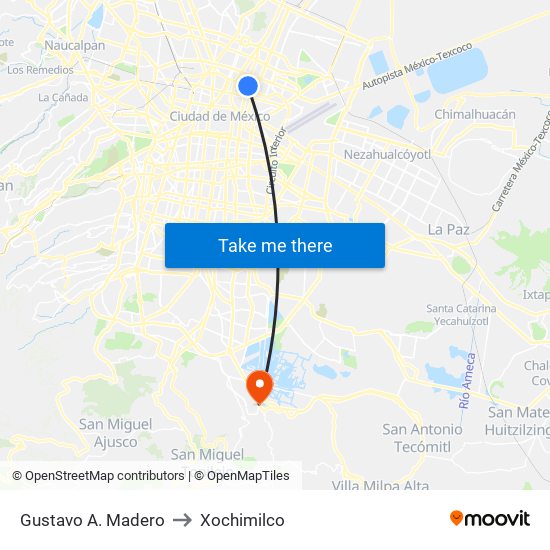 Gustavo A. Madero to Xochimilco map