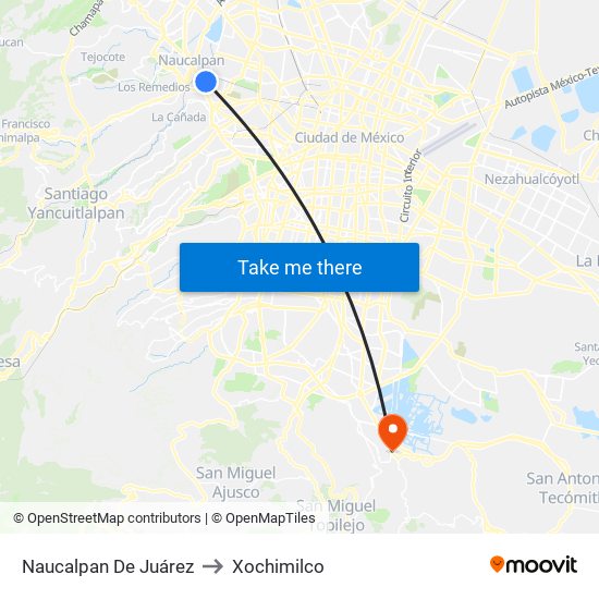 Naucalpan De Juárez to Xochimilco map