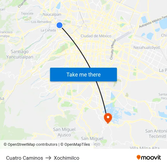 Cuatro Caminos to Xochimilco map