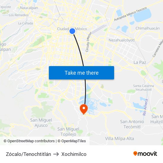 Zócalo/Tenochtitlán to Xochimilco map