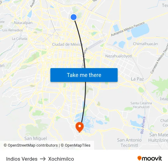 Indios Verdes to Xochimilco map