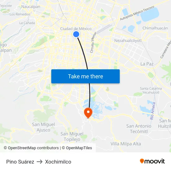 Pino Suárez to Xochimilco map
