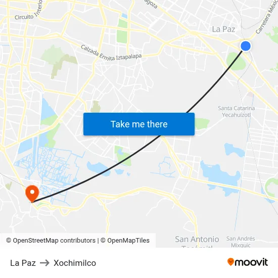 La Paz to Xochimilco map