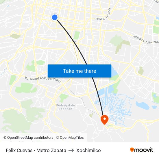 Félix Cuevas - Metro Zapata to Xochimilco map
