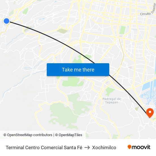 Terminal Centro Comercial Santa Fé to Xochimilco map