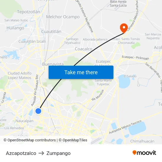 Azcapotzalco to Zumpango map