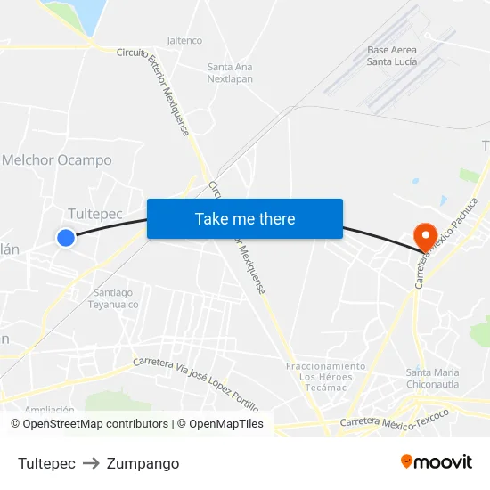 Tultepec to Zumpango map