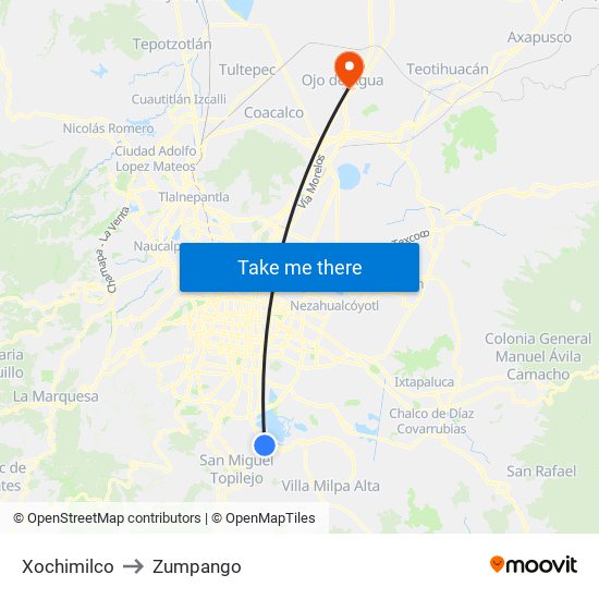 Xochimilco to Zumpango map