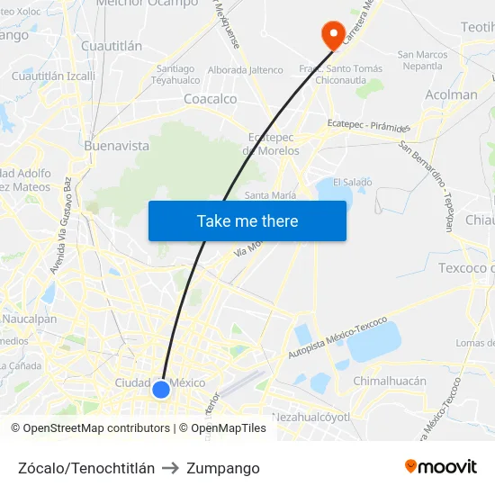 Zócalo/Tenochtitlán to Zumpango map