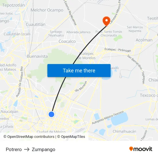 Potrero to Zumpango map