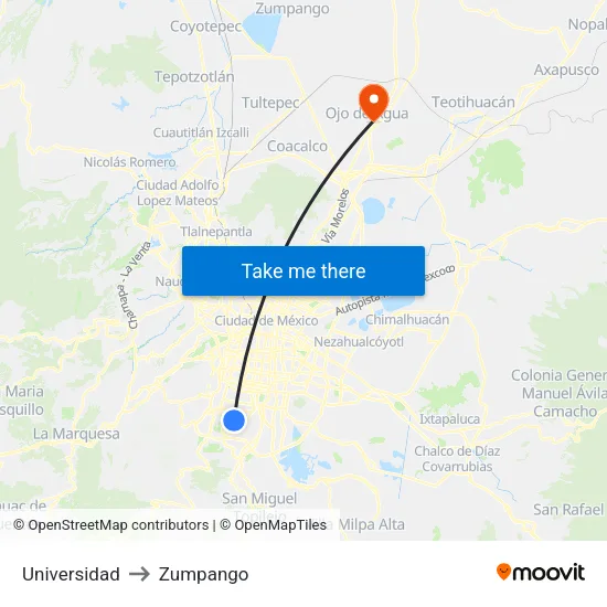 Universidad to Zumpango map