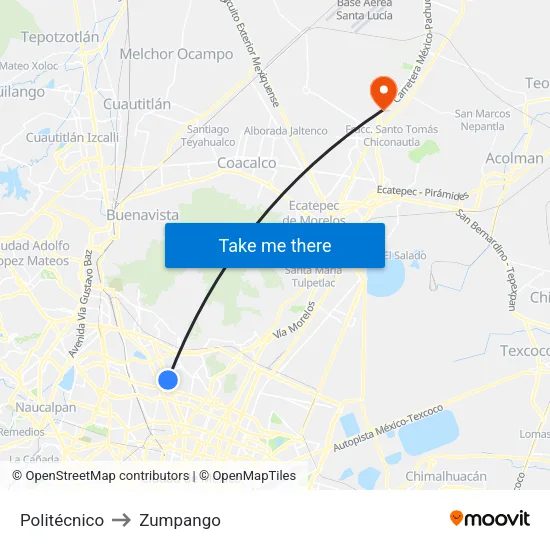 Politécnico to Zumpango map