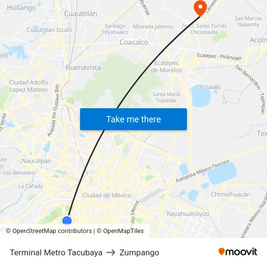 Terminal Metro Tacubaya to Zumpango map