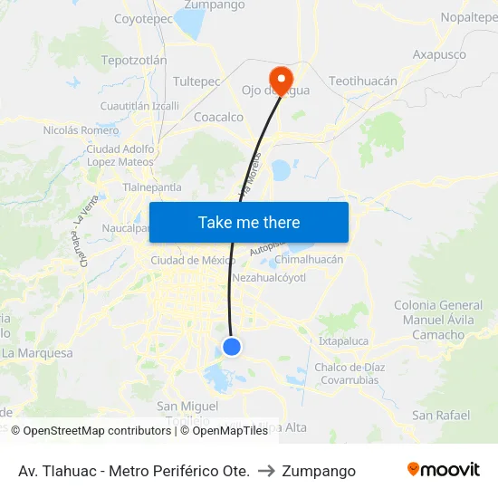 Av. Tlahuac - Metro Periférico Ote. to Zumpango map