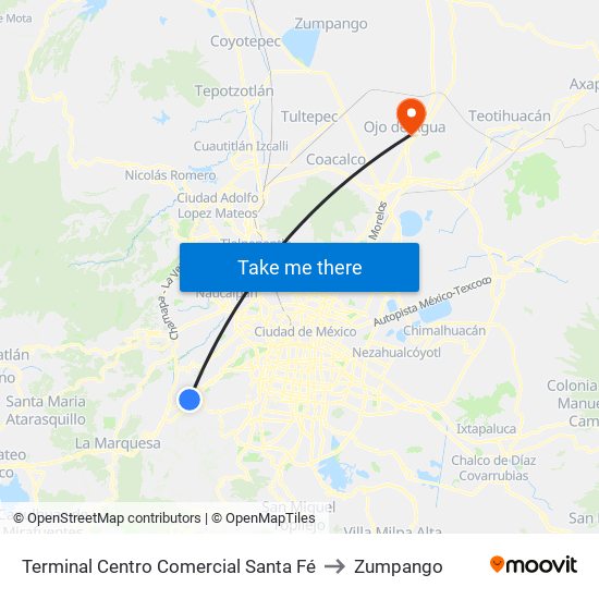 Terminal Centro Comercial Santa Fé to Zumpango map