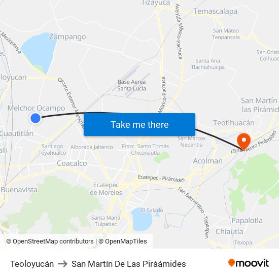 Teoloyucán to San Martín De Las Piráámides map