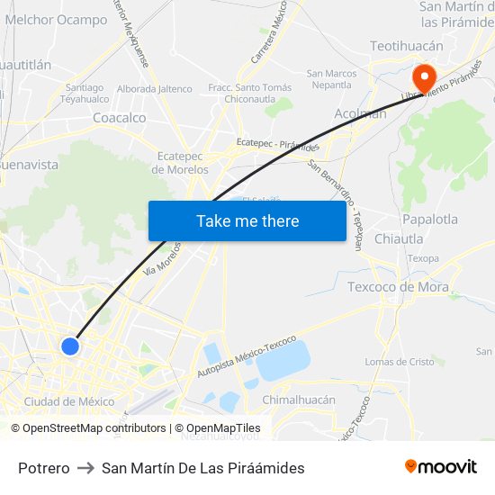 Potrero to San Martín De Las Piráámides map