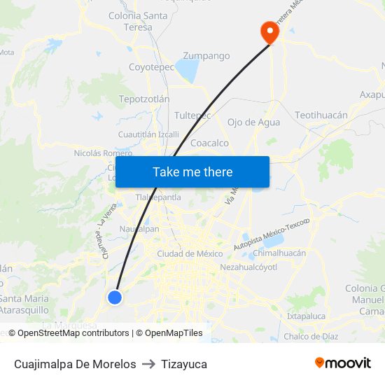 Cuajimalpa De Morelos to Tizayuca map