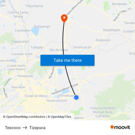 Texcoco to Tizayuca map