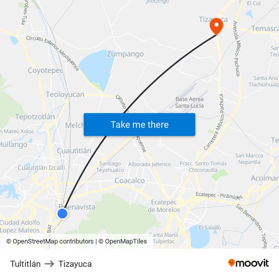 Tultitlán to Tizayuca map