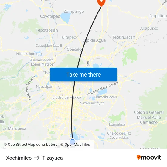 Xochimilco to Tizayuca map