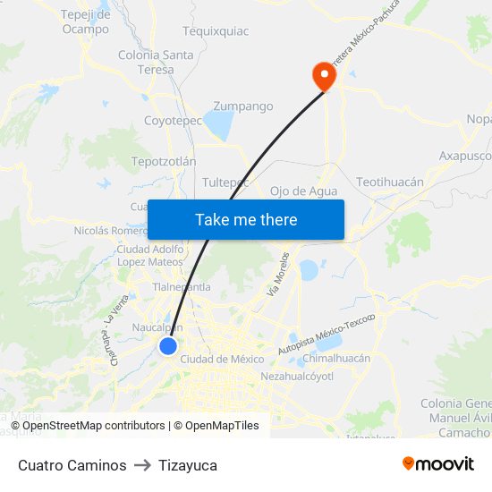 Cuatro Caminos to Tizayuca map