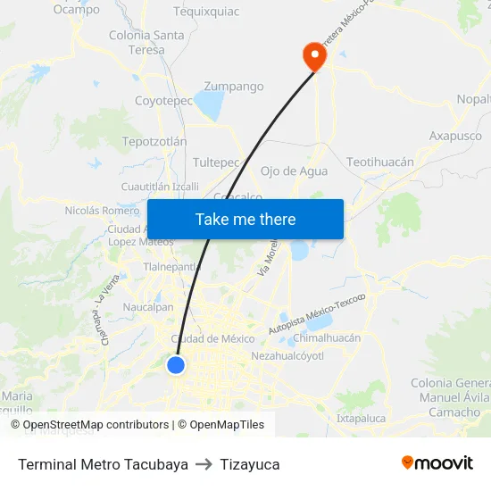 Terminal Metro Tacubaya to Tizayuca map