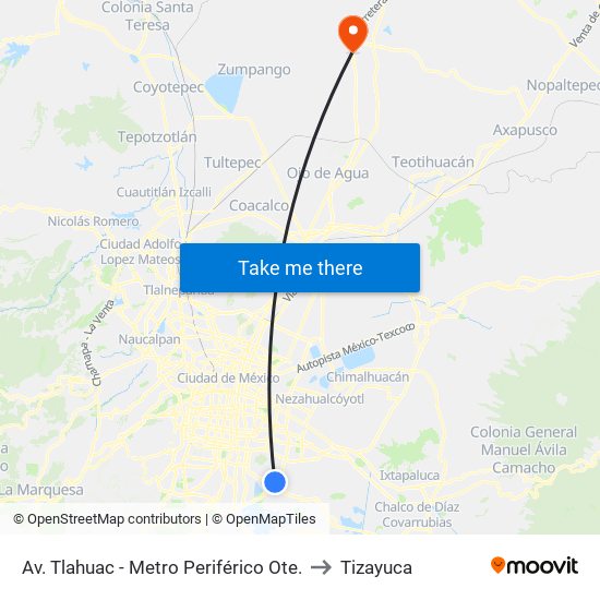 Av. Tlahuac - Metro Periférico Ote. to Tizayuca map