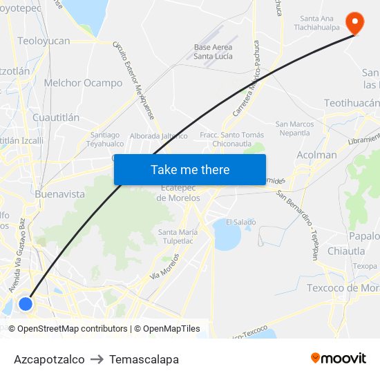 Azcapotzalco to Temascalapa map