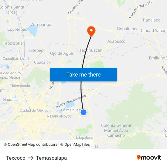 Texcoco to Temascalapa map