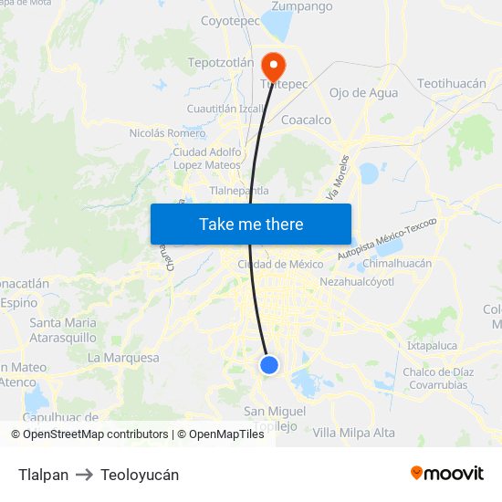 Tlalpan to Teoloyucán map