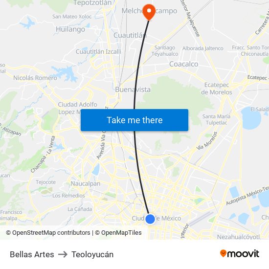 Bellas Artes to Teoloyucán map
