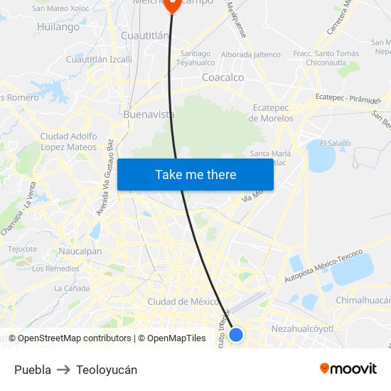 Puebla to Teoloyucán map
