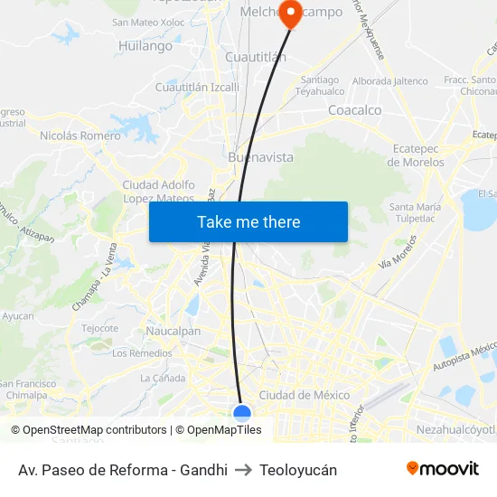 Av. Paseo de Reforma - Gandhi to Teoloyucán map