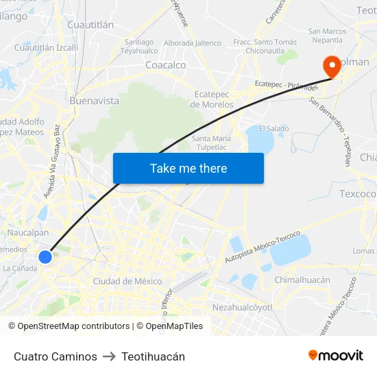 Cuatro Caminos to Teotihuacán map
