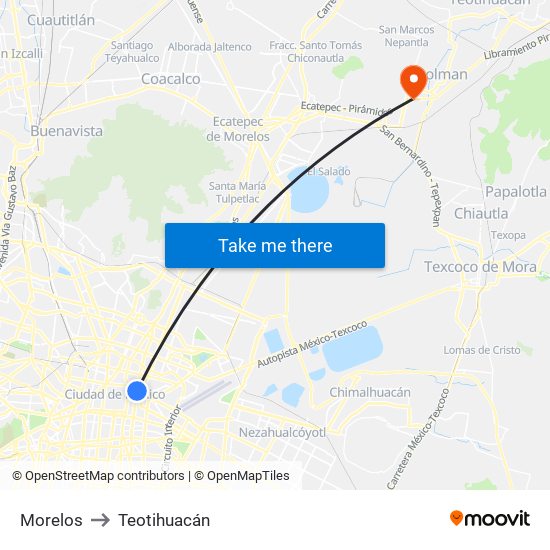 Morelos to Teotihuacán map