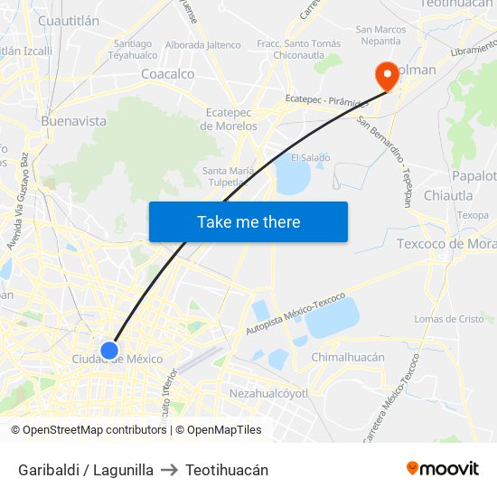 Garibaldi / Lagunilla to Teotihuacán map