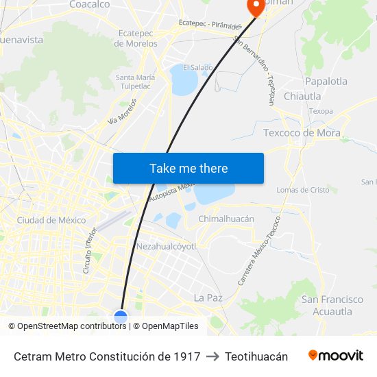 Cetram Metro Constitución de 1917 to Teotihuacán map