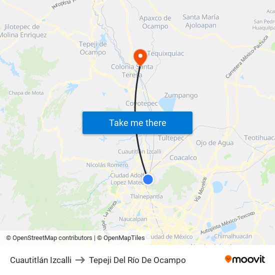 Cuautitlán Izcalli to Tepeji Del Río De Ocampo map