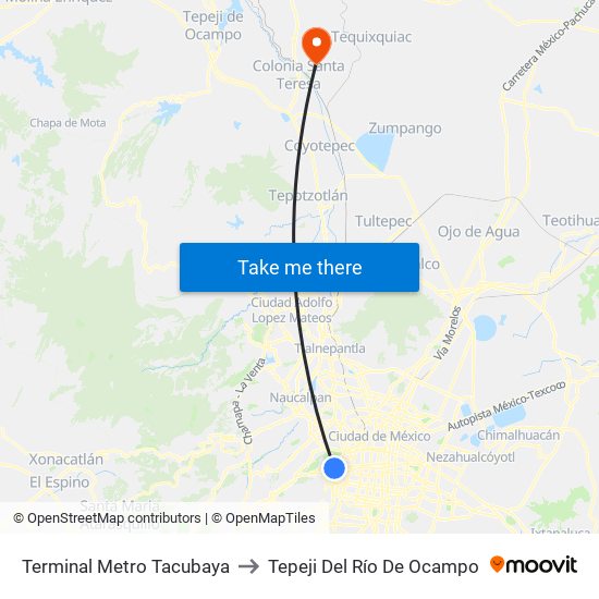 Terminal Metro Tacubaya to Tepeji Del Río De Ocampo map
